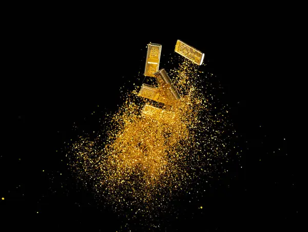 Gold Ingot Chinese Money Bar Token Vliegen Met Stof Deeltjes — Stockfoto