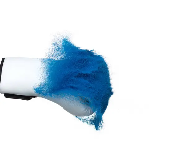 Bokshandschoen Raakte Blauw Zand Explodeerde White Boxer Handschoen Impact Zand — Stockfoto