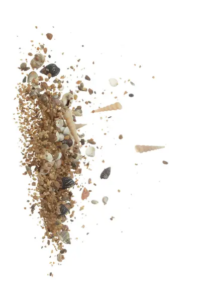 Muschelsand Plätschert Der Luft Muschelexplosionen Fliegen Sandwolken Fliegen Viele Muscheln — Stockfoto