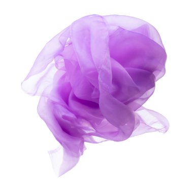 Mor Violet Organza kumaşı kıvrımlı uçuyor. Tekstil mavisi gökyüzü kumaşı parçası havaya uçuyor. Beyaz arkaplan izole hareket bulanıklığı