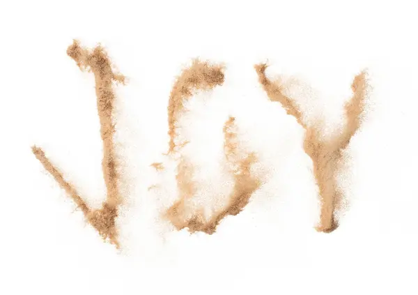 サンドレターのJyテキストワード アルファベットの英語の文字でJ Joyテキストを用いた砂飛行の書道 白い背景 隔離された投げる粒子要素オブジェクト ストック写真