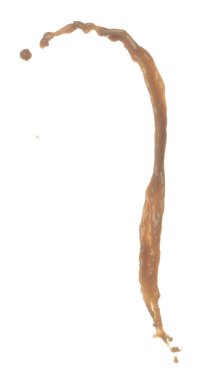 Süt Çayı şekil olarak aşağı dökülüyor. Sütlü buzlu kahve damlaları damlatıyor, çikolatalı kakao patlaması havada uçuşuyor. Beyaz arkaplan izole edildi, dur hareketsiz çekim. 