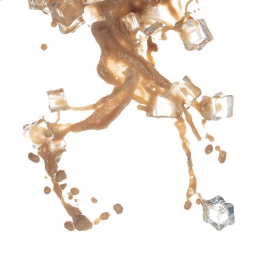 Süt Çayı buz küpü şekil olarak serinliyor. Sütlü buzlu kahve damlacıklara sıçrar, çikolata kakaosu havada uçuşan patlamaya neden olur. Beyaz arkaplan izole edildi, dur hareketi dondur