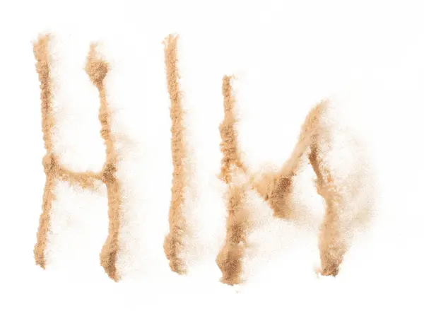 サンドレターのテキストワード アルファベットの英語の文字でHimテキストを用いた砂飛行の書道 白い背景 隔離された投げる粒子要素オブジェクト ストック写真
