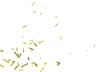 Altın Konfeti folyosu havaya sıçrıyor. Altın Confetti Foil patlaması, soyut bulut sineği. Birçok Parti simleri birçok grupta dağılır. Beyaz arkaplan yüksek hız deklanşör donması izole