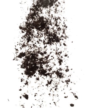 Soil dirt white rice mix fly explosion. Rice soil fertilizer abstract cloud fly. Soil mix jasmine rice planting splash stop in air. white background isolated high speed freeze motion