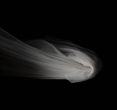 Eğri şeklinde uçan beyaz organza dantel kumaş, beyaz organza dantel kumaş parçası havaya düştü. Siyah arkaplan izole, koyu gölgeleme ortamı