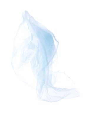 Mavi gökyüzü Organza kumaşı kıvrımlı uçuyor, tekstil mavisi gökyüzü kumaşı parçası havaya düşüyor. Beyaz arkaplan izole hareket bulanıklığı