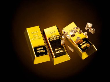 Havada altın külçeleri havada uçuşuyor. Altın külçesi standardı, ekonomik zenginlik ve para tasarrufunu finanse etmek için banka rezervleridir. siyah arkaplan izole