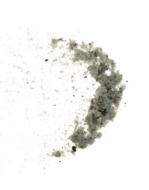 Dirty Melting snow mix with soil dust mud and splash fly in mid air. Dirty snow dust mud explode splash in winter, melt and thawing in spring. White background isolated element clipart