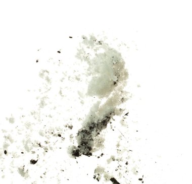 Dirty Melting snow mix with soil dust mud and splash fly in mid air. Dirty snow dust mud explode splash in winter, melt and thawing in spring. White background isolated element clipart