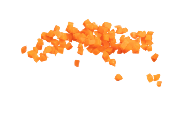 Carrot fresh fly float in Air turn to Cube dice shape. Beta Carotene orange color in Carrot is good health. Many Dice cube carrot flying throw up in Air. White background isolated, high speed