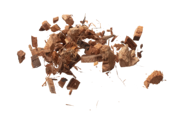Coconut peel husk flying explosion, coconut chopped big L size abstract cloud fly. Coconut shell peel fertilizer splash throwing in Air. White background Isolated high speed shutter, freeze action