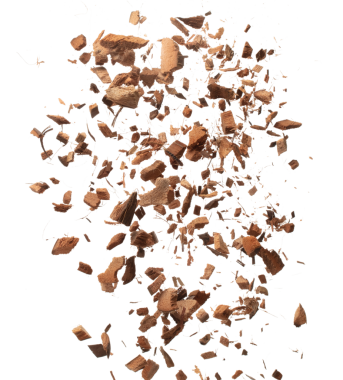 Coconut peel husk flying explosion, coconut chopped big L size abstract fall down garden. Coconut shell peel fertilizer splash throwing in Air. White background Isolated high speed shutter, freeze