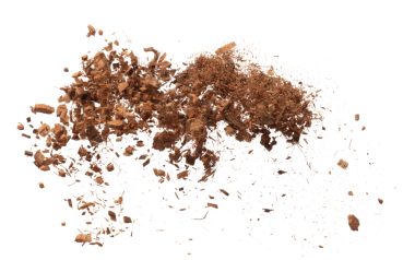 Coconut peel husk flying explosion, coconut chopped medium M size abstract fall down garden. Coconut shell peel fertilizer splash throwing in Air. White background Isolated high speed shutter, freeze