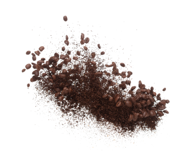 Coffee powder mix bean fly explosion, Coffee crushed mix seed float explode, abstract cloud fly. Coffee dust powder bean splash throwing in Air. White background Isolated high speed shutter, freeze