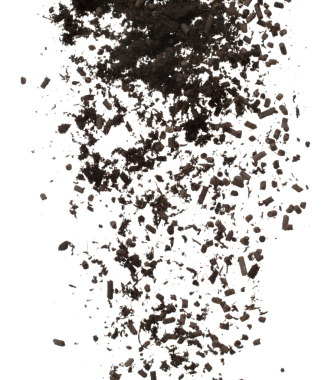 Fertilizer Organic mixed soil fly fall explosion, tube compost fertilizer soil for planting float in air. Organic fertilizer soil throw in mid air. White background isolated high speed freeze motion