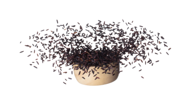 Riceberry rice explosion flying wooden bowl, black purple berry grain wave floating, fall down in air. Rice Berry is organic healthy food. White background Isolated high speed shutter, freeze stop