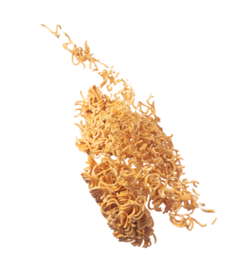 Instant Noodle fly explosion, yellow instant noodle float explode, abstract cloud fly. Curved dried instant noodles splash throwing in Air. White background Isolated high speed shutter, freeze motion