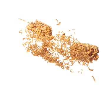 Instant Noodle fly explosion, yellow instant noodle float explode, abstract cloud fly. Curved dried instant noodles splash throwing in Air. White background Isolated high speed shutter, freeze motion
