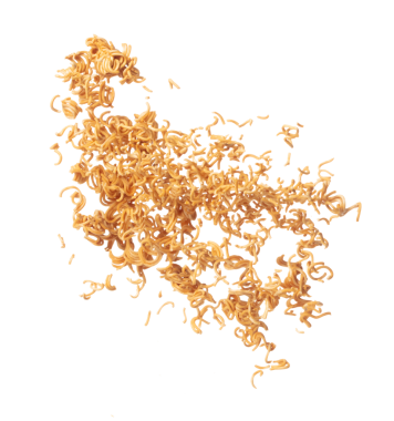 Instant Noodle fly explosion, yellow instant noodle float explode, abstract cloud fly. Curved dried instant noodles splash throwing in Air. White background Isolated high speed shutter, freeze motion