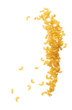 Macaroni flying explosion, yellow macaronis pasta float explode, abstract cloud fly. Curved macaroni pasta splash throwing in Air. White background Isolated high speed shutter, freeze motion