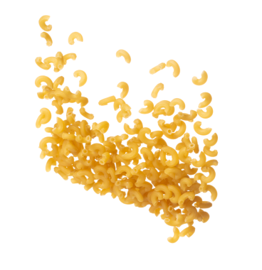 Macaroni flying explosion, yellow macaronis pasta float explode, abstract cloud fly. Curved macaroni pasta splash throwing in Air. White background Isolated high speed shutter, freeze motion