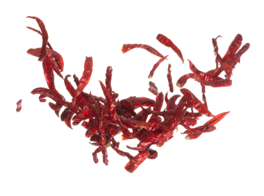 Dried Red hot Chilli fall down explosion, dried Red Chilli float explode, abstract cloud fly. Dried Red hot Chillis splash throwing in Air. White background Isolated high speed shutter, freeze motion