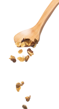 Salt Broad Beans flying explosion, broad bean fall down pour from wooden spoon. Tropical Salty roasted broad bean splash throwing in Air. White background Isolated high speed shutter, freeze action
