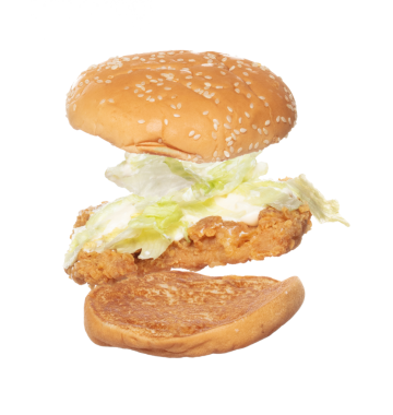 Fried Chicken Burger fly explosion, Chicken Burgers vegetable fall down. Hot bread chicken burger fast food throw splash in air. White background Isolated high speed shutter, freeze action