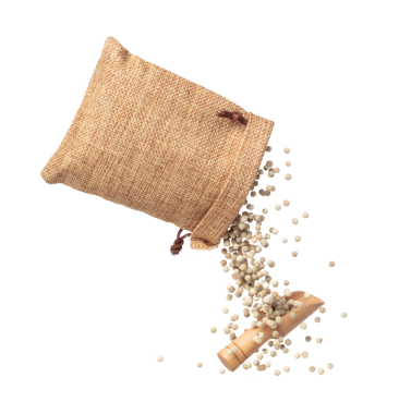 White Pepper seeds fall down pour in sack bag, white Pepper float explode, abstract cloud fly. Peppercorn splash throwing in Air. White background Isolated high speed shutter, freeze motion