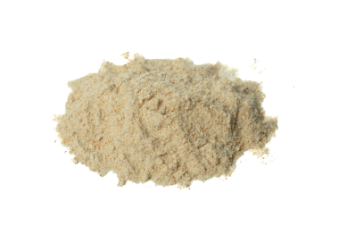 Close up Pile seasoning powder explosion flying, Beige brown seasoning powder wave floating fall down in air. Seasoning powder is element material. Eyeshadow crush for make up artist. White background