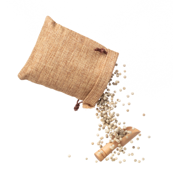 White Pepper seeds fall down pour in sack bag, white Pepper float explode, abstract cloud fly. Peppercorn splash throwing in Air. White background Isolated high speed shutter, freeze motion