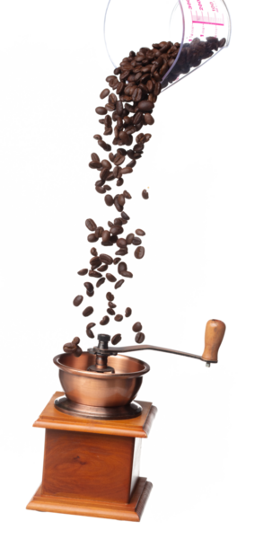 Coffee Grinder fly float in air, vintage Coffee mill for coffee bean to crush into ground powder over White background Isolated high speed shutter, freeze motion