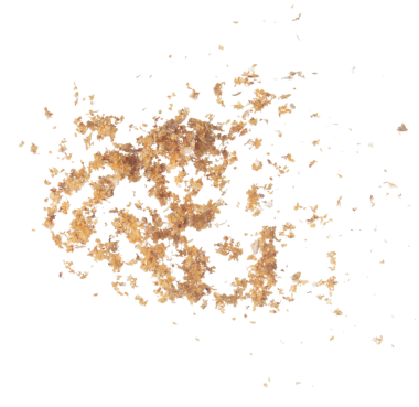 Fried Garlic pour fall down explosion, golden yellow fried garlic float abstract fly. Beautiful fried garlic splash stop in air, food object design. White background isolated high speed freeze