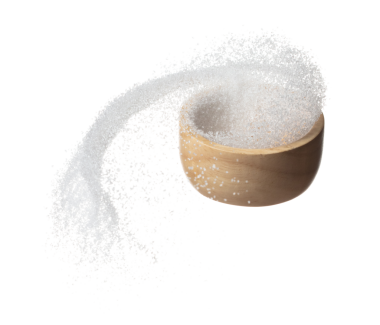 Pure refined Sugar in wooden bowl flying spinning, white crystal sugar fall abstract fly. Pure refined sugar swirl in air, food object design. white background isolated high speed freeze motion