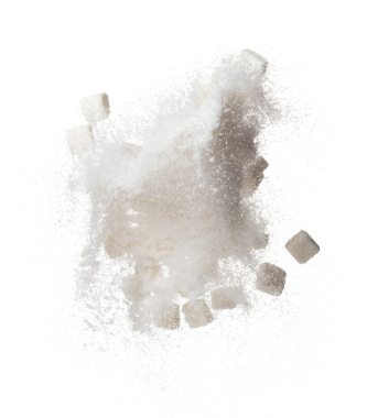 Pure Refined Sugar cube flying explosion, white crystal sugar abstract cloud fly. Pure refined sugar cubes splash stop in air, food object design. white background isolated high speed freeze motion