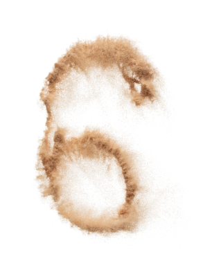 Kum patlamasından yapılmış 6 İngilizce sayı. 6 İngilizce sayı dağılmış, mesaj için boşluk var. Havada uçan kum parçacığı nesnesi kavramı. Beyaz arkaplan izole edilmiş fırlatma ögesi nesnesi