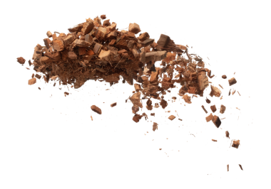 Coconut peel husk flying explosion, coconut chopped big L size abstract cloud fly. Coconut shell peel fertilizer splash throwing in Air. White background Isolated high speed shutter, freeze action