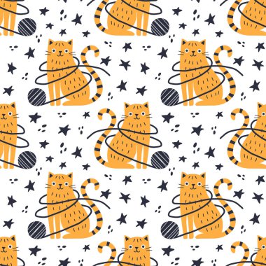 Kedi iplik yumağıyla oynar, pürüzsüz bir desen. Düz stil. Vektör illüstrasyonu.