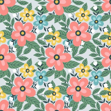 Renkli çiçekler, kusursuz desenler. Yaz rengarenk deseni. Düz stil. Vektör illüstrasyonu.