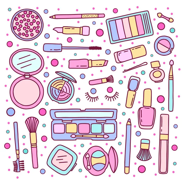 Wektor Kolorowy Design Tematu Makijaż Kosmetyki Dziewczęcy Modne Obiekty — Wektor stockowy