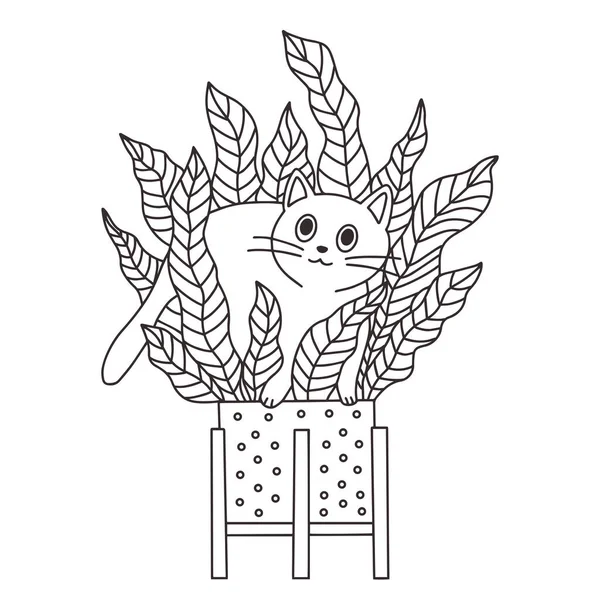 Kedi ve kapalı alan çiçeği, çizgi çizimi. Renkler için stilize bir karakter. Vektör illüstrasyonu.
