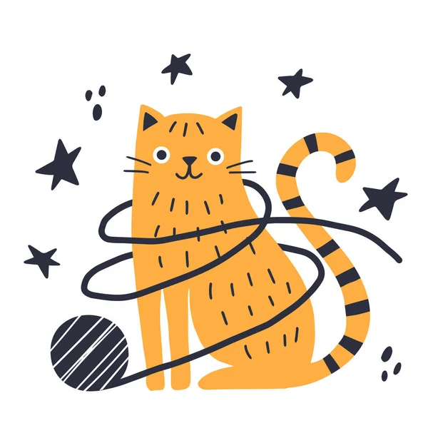 Kedi bir iplik yumağıyla oynuyor. Düz stilde stilize edilmiş karakter. Vektör illüstrasyonu.