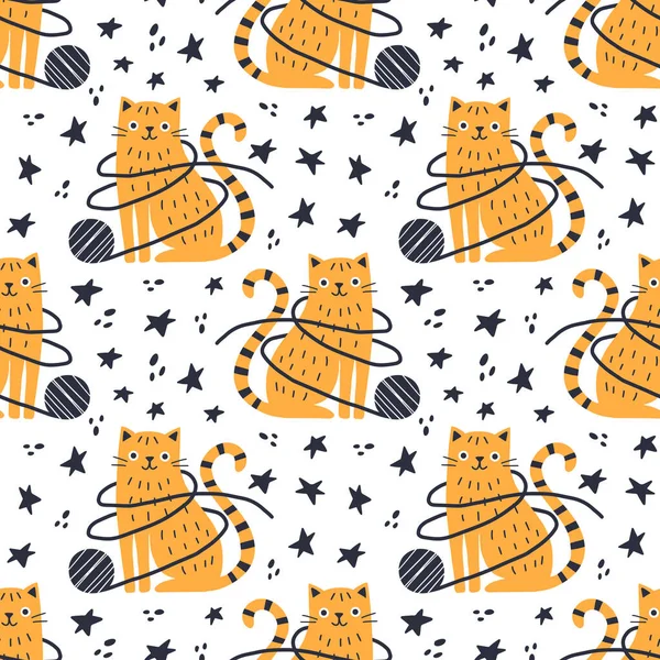 Kedi iplik yumağıyla oynar, pürüzsüz bir desen. Düz stil. Vektör illüstrasyonu.