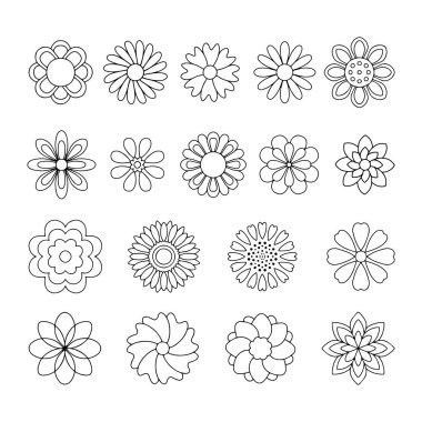 Çiçekler hazır, çizgi çiziliyor. Renkler için stilize çiçekler. Vektör illüstrasyonu.