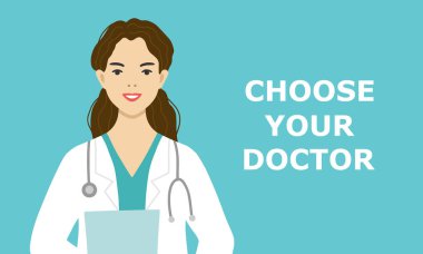 Tıp önlüğü giymiş aile doktoru. Doktorunu seç. Vektör illüstrasyonu.
