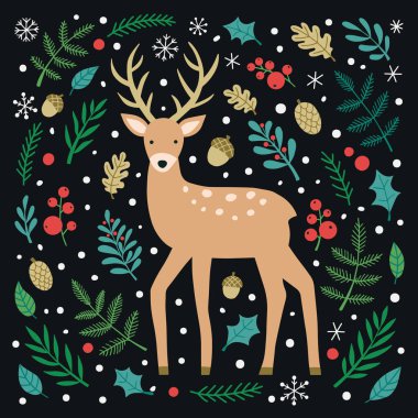 Geyik vektör el çizimi. Boynuzlu vahşi bir hayvan, düz bir şekilde çiziyor. İçinde geyik resmi olan Noel posteri.