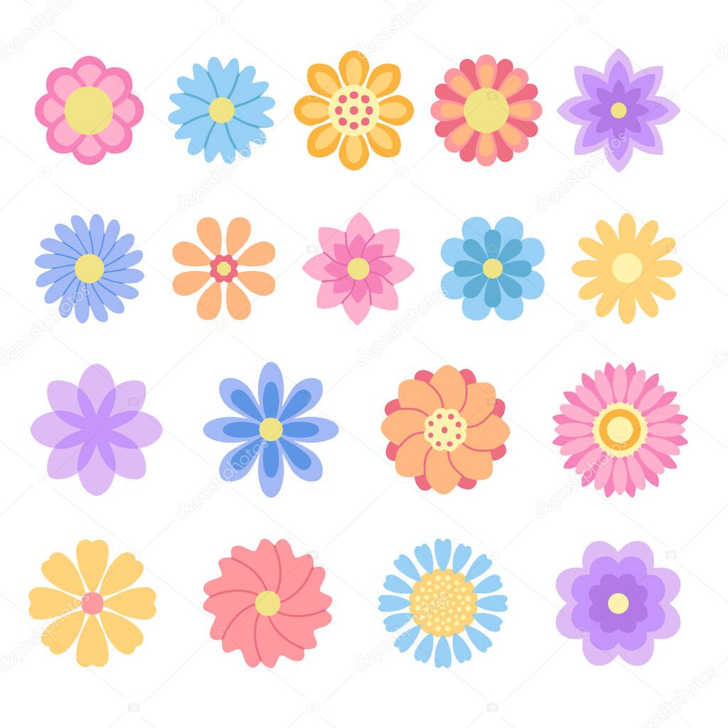 Set of decorative flowers icons. Flowers drawn in flat style. Vector illustration.