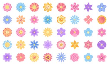 Dekoratif çiçek ikonları. Düz biçimde çizilmiş çiçekler. Vektör illüstrasyonu.